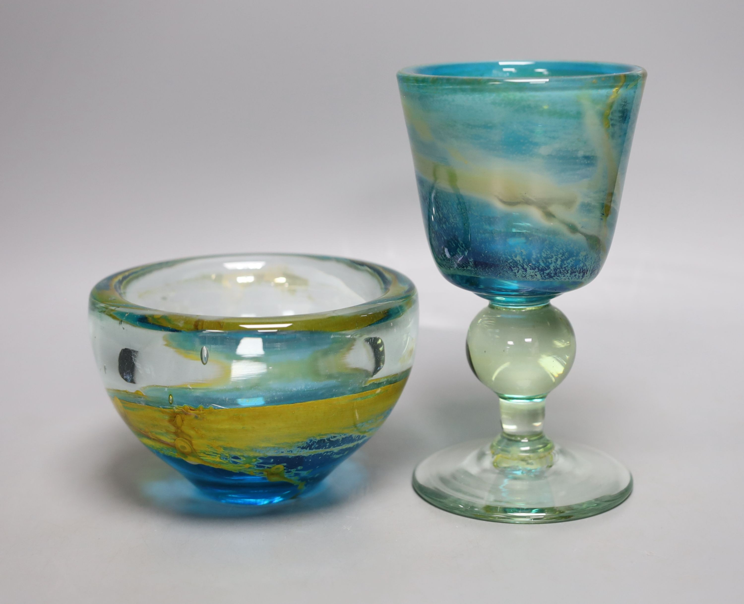 A Mdina glass goblet and vase, Tallest 17 cm